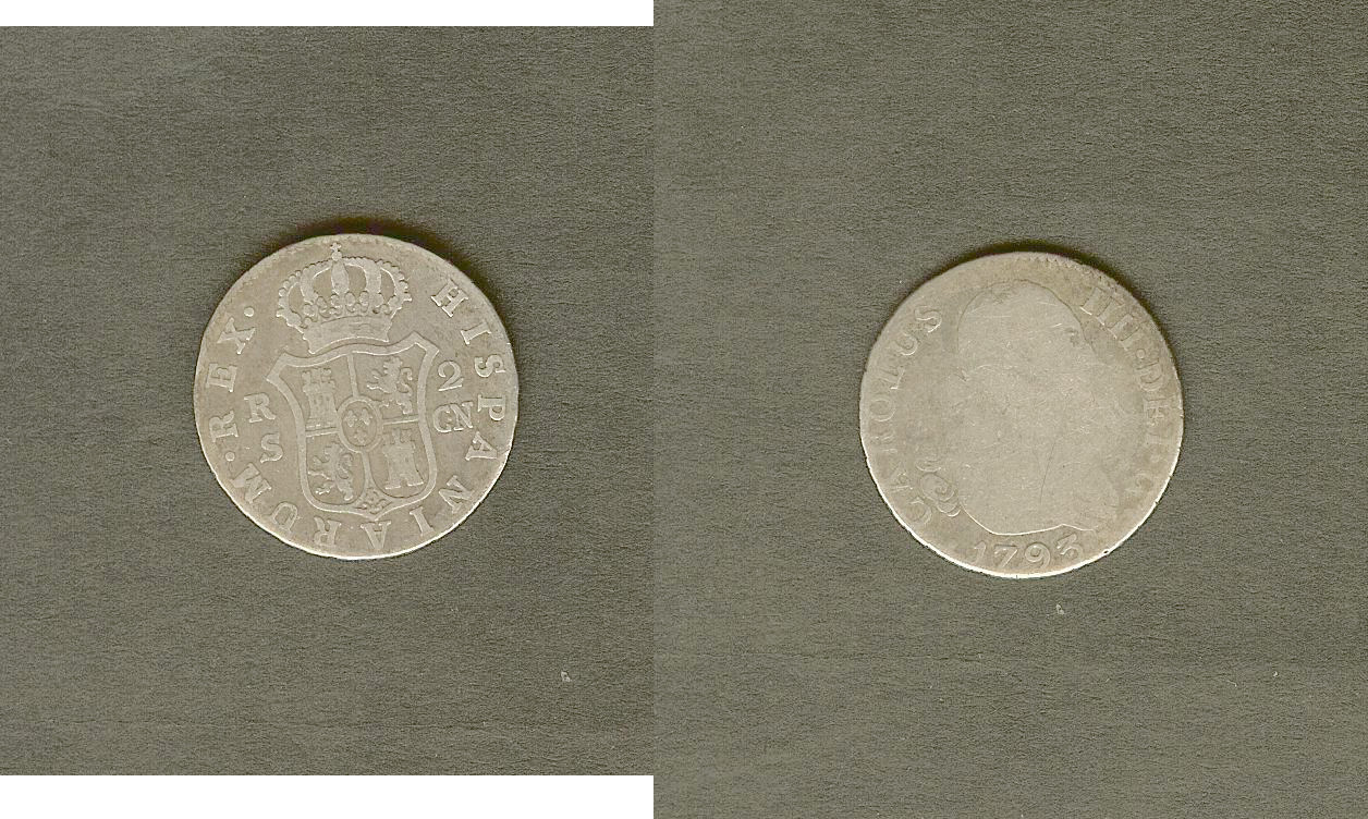 Spain 2 reales 1793 G/gF